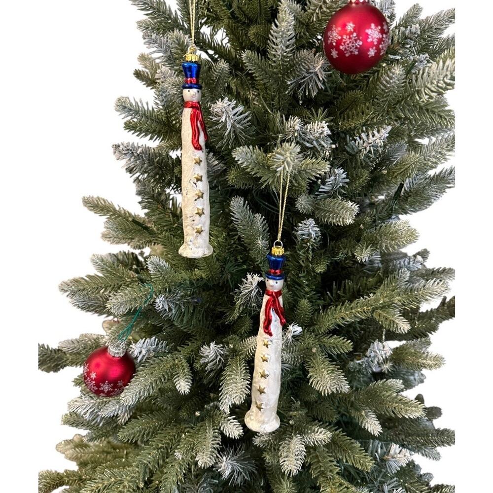 2 Vintage Patriotic Glass Pencil Snowman Ornaments  Red White Blue Gold Star EUC